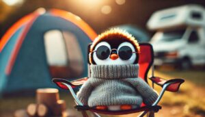 Pingu vor Camping-Zelt