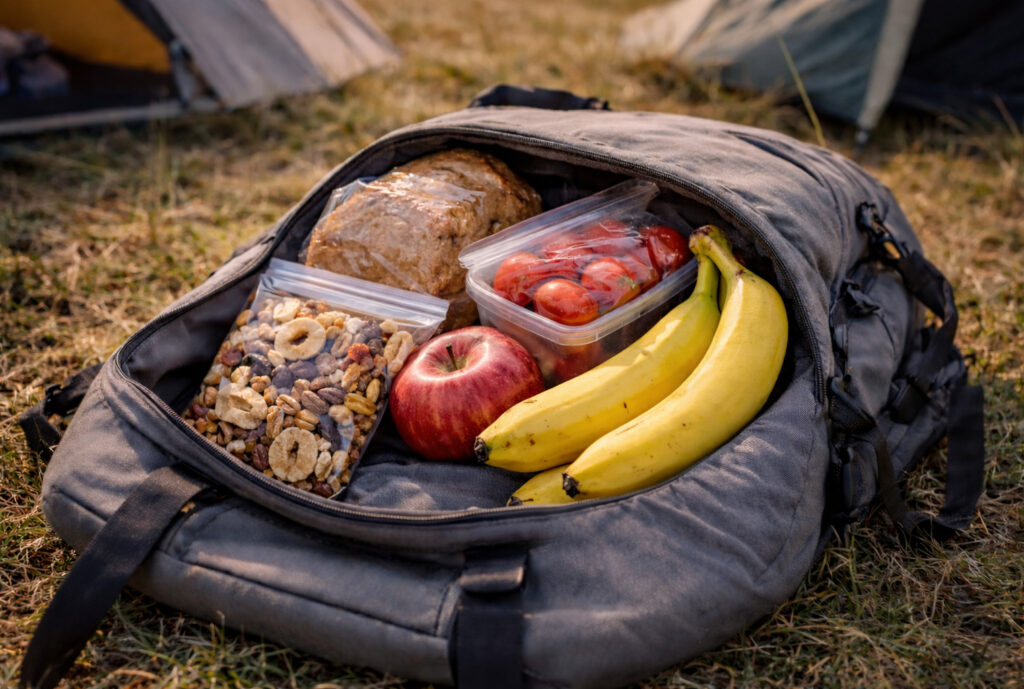 Rucksack mit Obst und Snacks